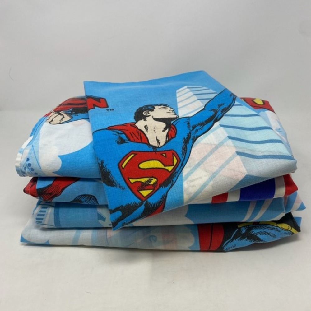 Vtg 70s Wamsutta Superman 2 Twin Sheet SET Bunk Beds Red‎ White Blue